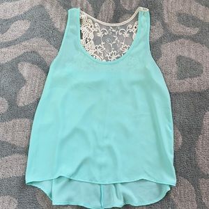 Sheer teal tank with lace back